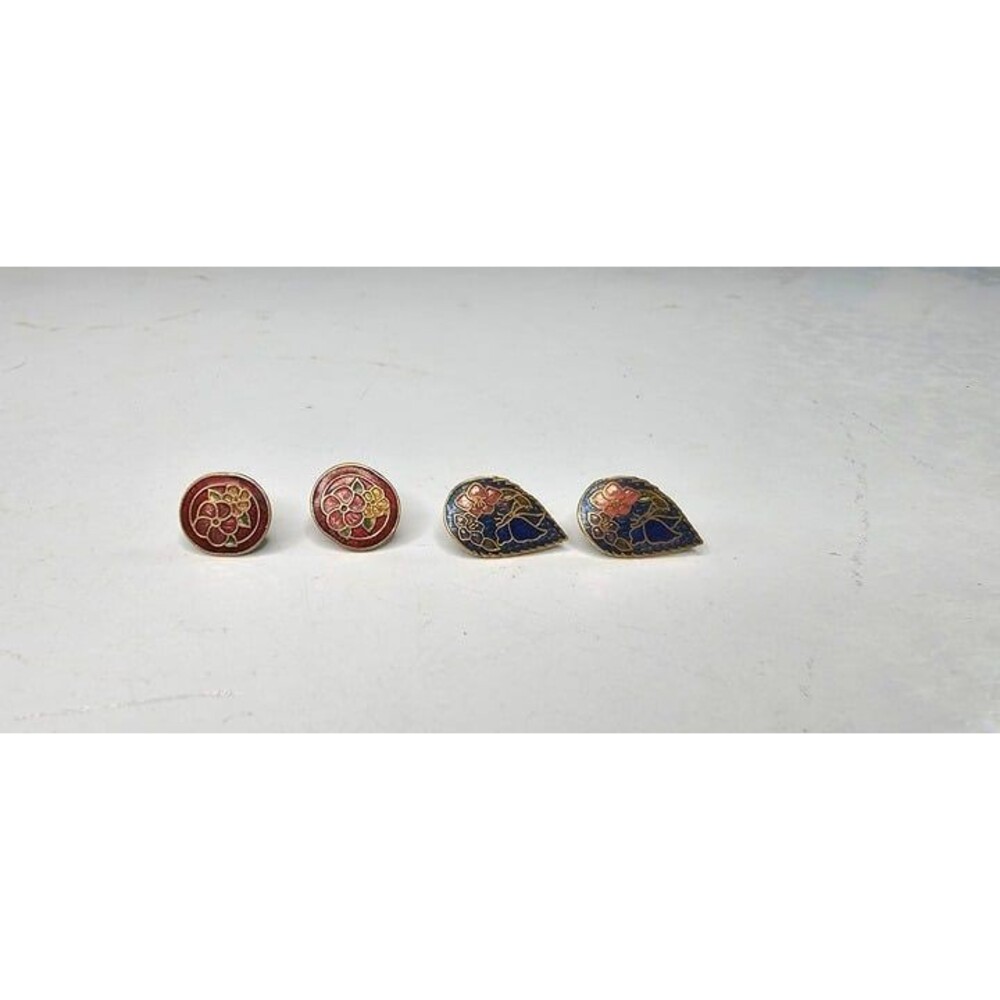 Vintage Lot of 2 Cloisonne Stud Style Earrings Red Blue Gold Tone Flower